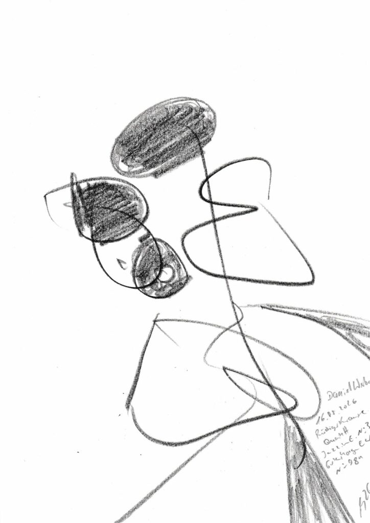 Klaus-Gollin25_Daniel Werbach - Rüdiger Krause Quartett - Jazz in E. No.31 - Guten Morgen Eberswalde No.984_16.05.2026_Bleistift 21,5 x 30,5 cm