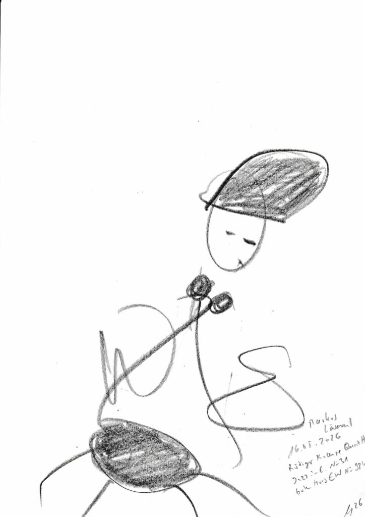 Klaus-Gollin26_Markus Lämmel - Rüdiger Krause Quartett - Jazz in E. No.31 - Guten Morgen Eberswalde No.984_16.05.2026_Bleistift 21,5 x 30,5 cm
